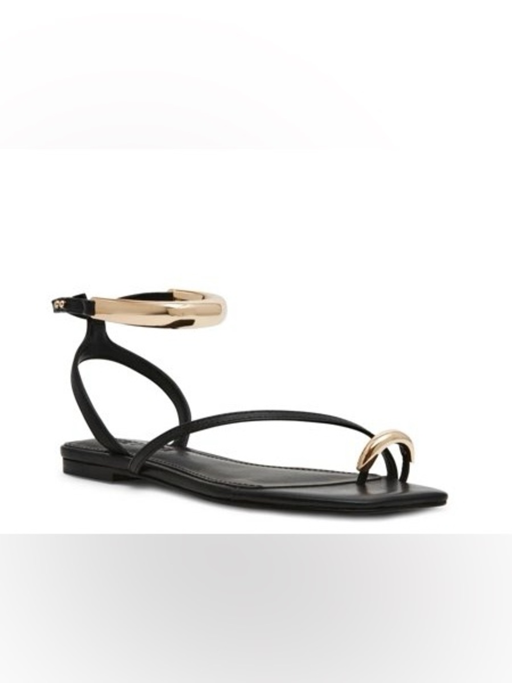 NWT Steve Madden Odyssey Gold Accent Black Leather Ankle-Strap Sandals